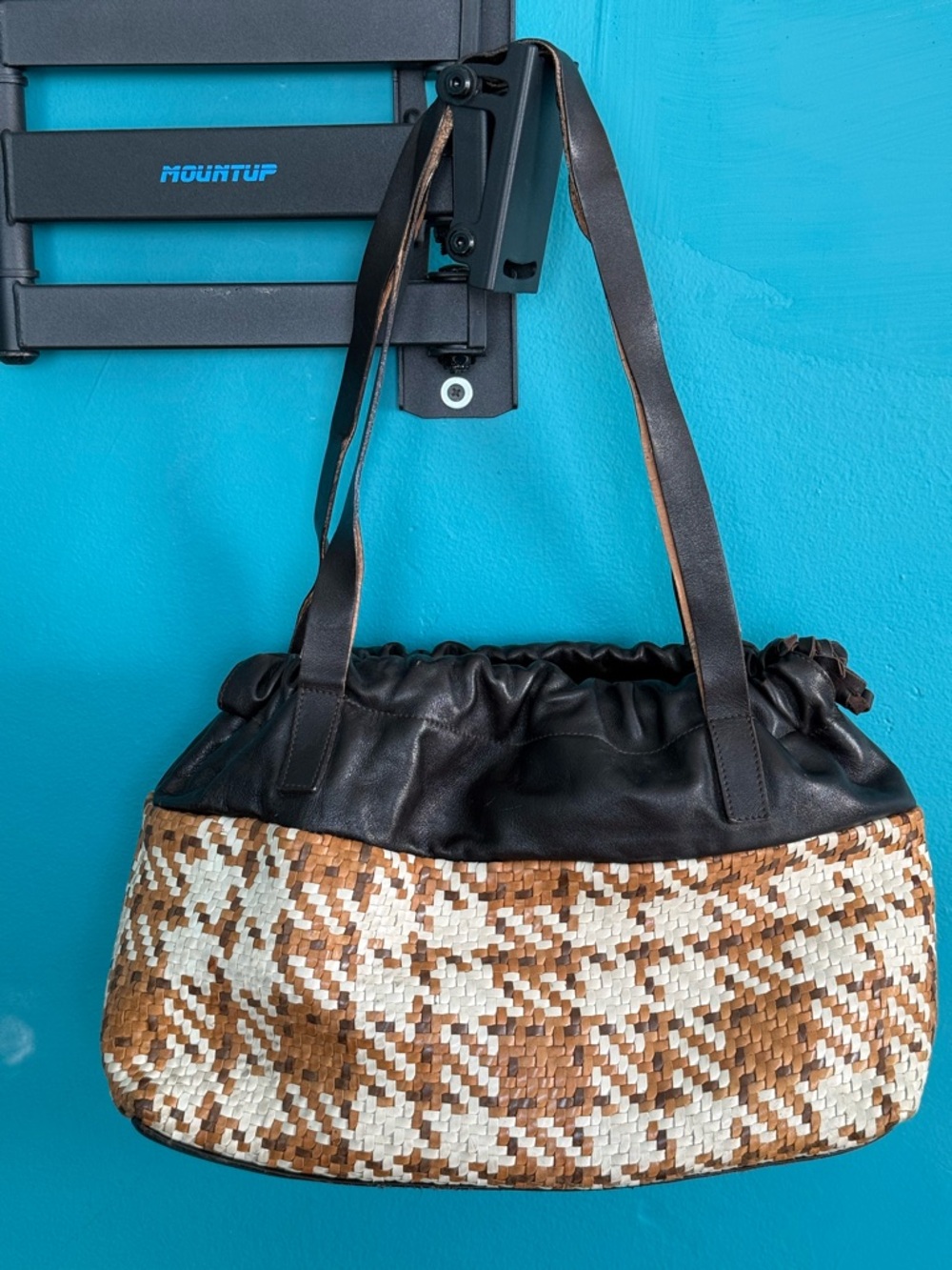 Woven Brown & White Shoulder Bag with Black Leather Top